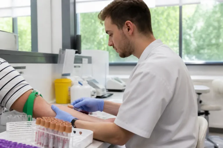 Un professionnel de santé effectue une prise de sang sur une personne, en laboratoire lumineux.
