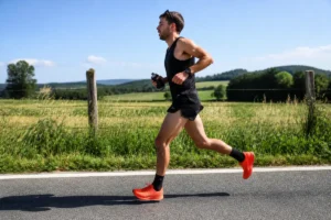 Un homme court sur une route, portant des chaussures rouges, paysage bucolique en arrière-plan.
