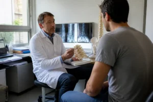 Médecin en blouse expliquant modèle colonne vertébrale à un patient avec radiographies en arrière-plan.