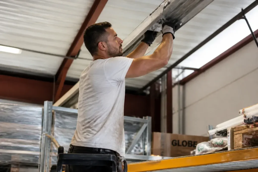 Homme travaillant dans un entrepôt, tenant une poutre métallique sur une échelle, vêtu d'un t-shirt blanc.