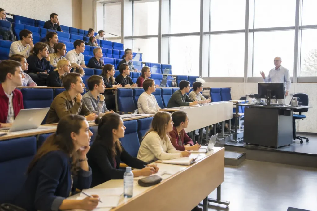 Étudiants suivant un cours magistral dans un amphithéâtre lumineux avec un professeur en pleine explication.