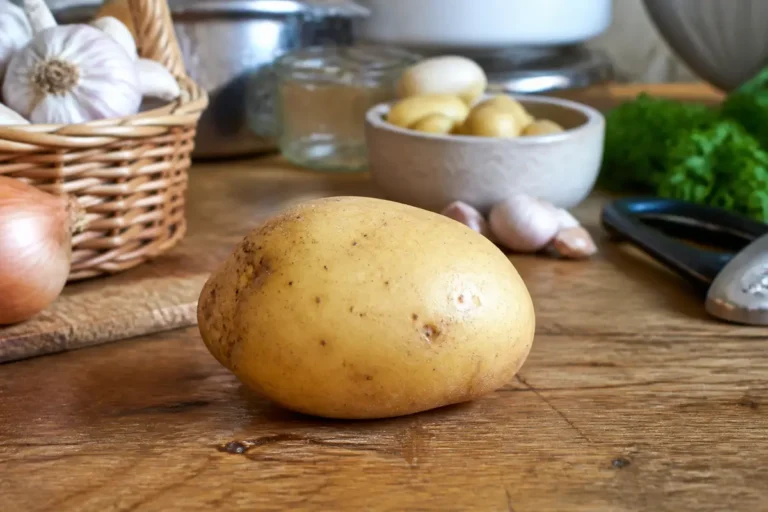 Pomme de terre sur table en bois avec ail, oignons, panier et ustensiles de cuisine en arrière-plan.