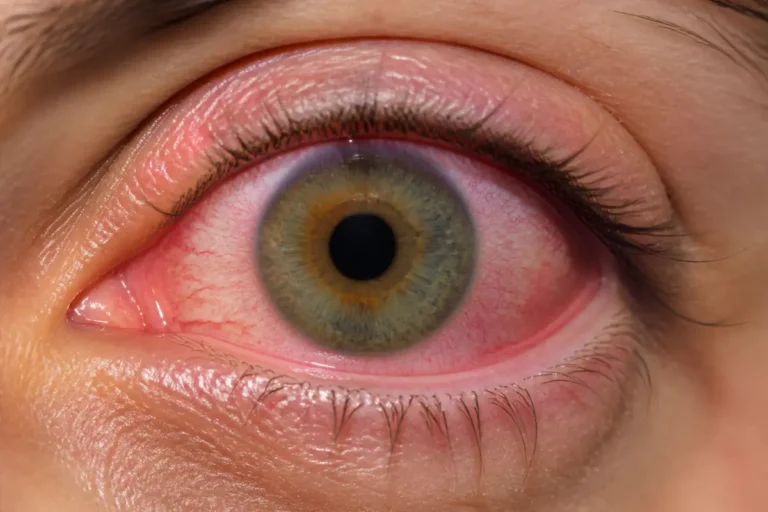 Gros plan sur un œil humain avec iris vert, paupières légèrement rouges et cils visibles.