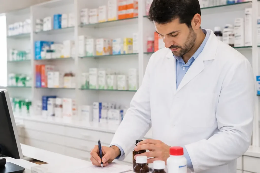 Pharmacien en blouse blanche écrivant, entouré de médicaments sur des étagères dans une pharmacie moderne.