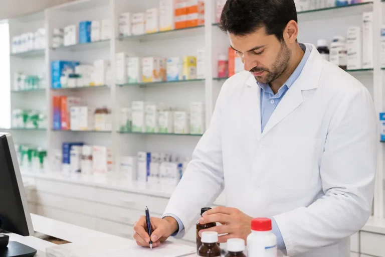 Pharmacien en blouse blanche écrivant, entouré de médicaments sur des étagères dans une pharmacie moderne.