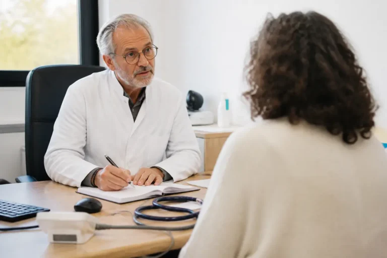 Médecin écrivant dans un carnet face à une patiente, en consultation médicale dans un bureau.