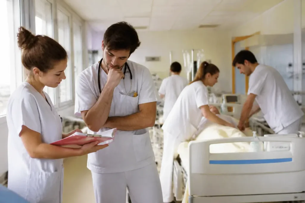 Des professionnels de santé discutent autour d'un patient dans une chambre d'hôpital bien éclairée.