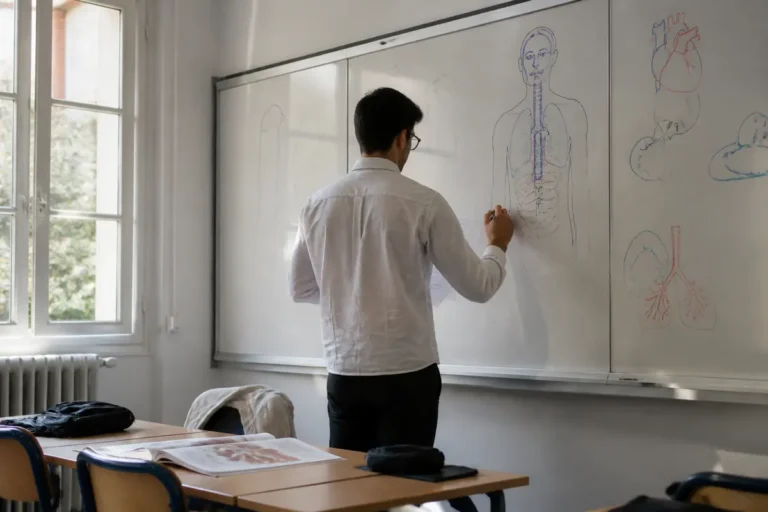 Un professeur dessine un schéma anatomique sur un tableau blanc dans une salle de classe lumineuse.