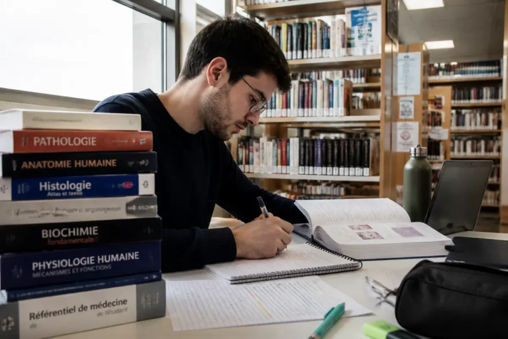 Un étudiant étudie à la bibliothèque, entouré de livres de médecine, cahiers, ordinateur portable et gourde.