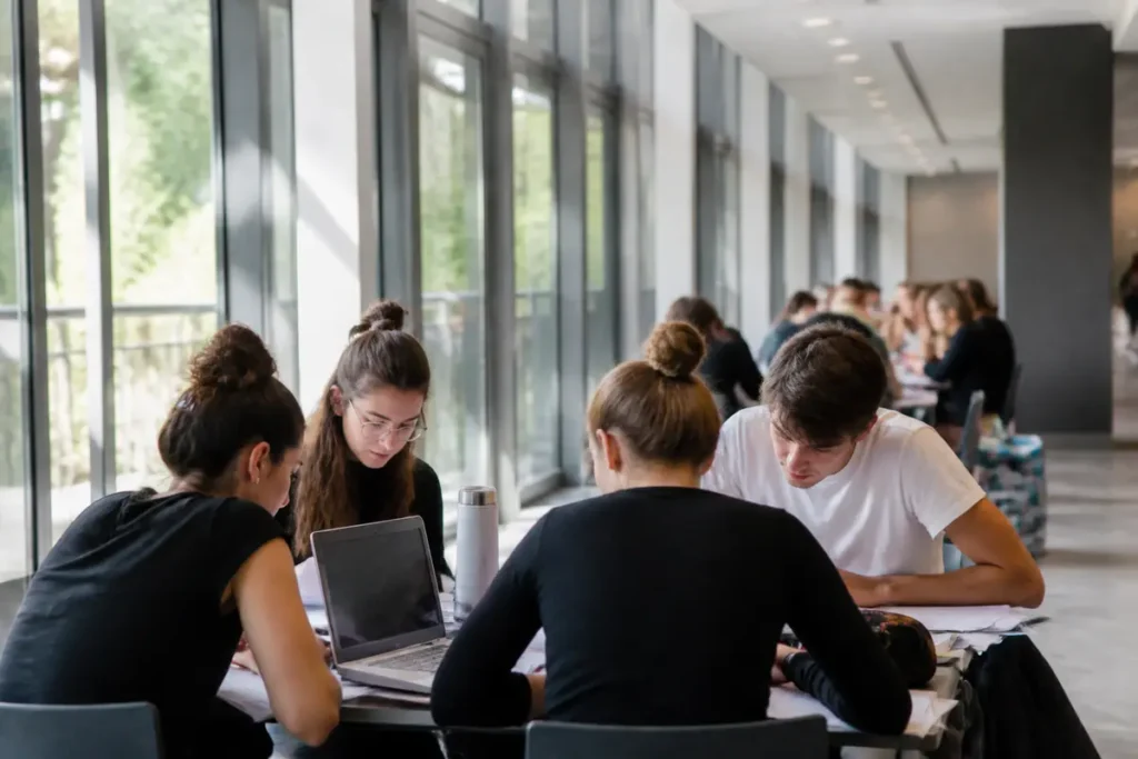 Étudiants étudiant ensemble autour d'une table dans une bibliothèque lumineuse avec grandes fenêtres.