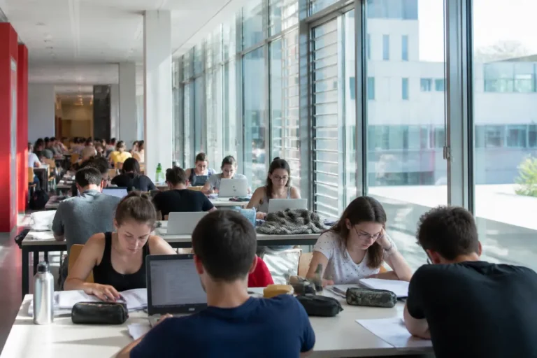 Étudiants révisant dans une bibliothèque lumineuse avec de grandes fenêtres, ordinateurs et livres ouverts.