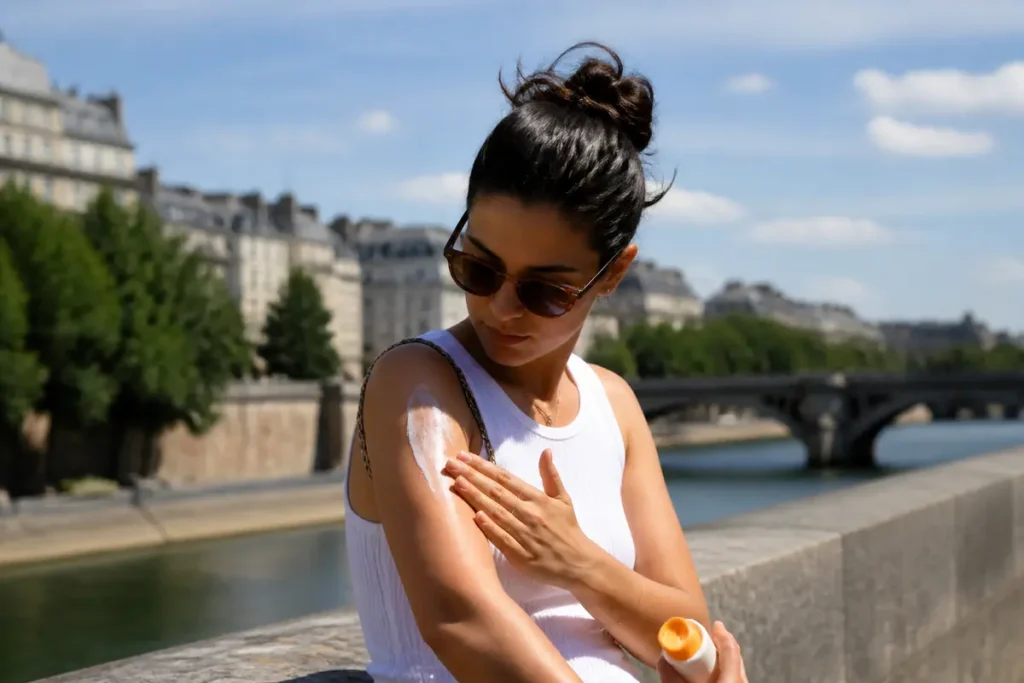 Femme appliquant de la crème solaire sur son bras près d'une rivière, journée ensoleillée en ville.