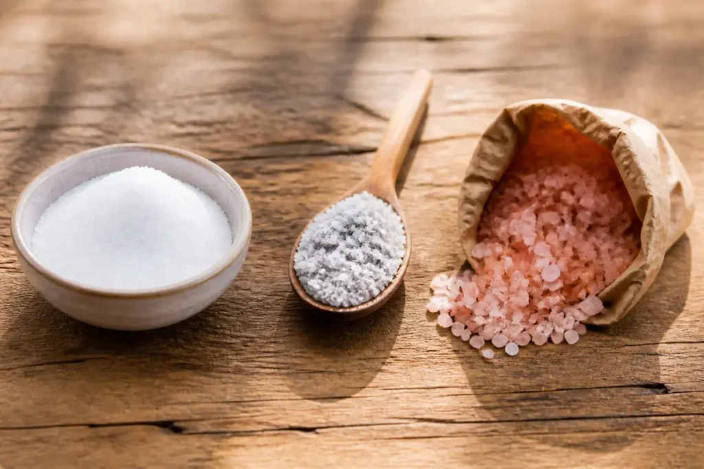 Différents types de sels : blanc dans un bol, gris sur une cuillère, rose dans un sac.