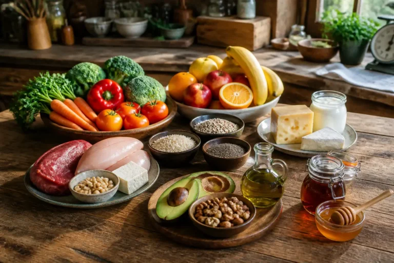Assortiment d'aliments sains comprenant fruits, légumes, viandes, noix, huiles et produits laitiers sur table en bois.