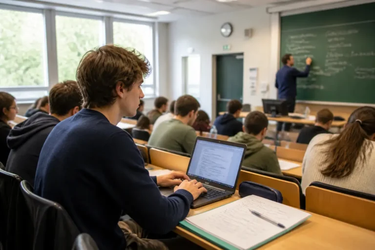 Étudiants suivant un cours universitaire, une personne tapant sur un ordinateur portable en amphi.