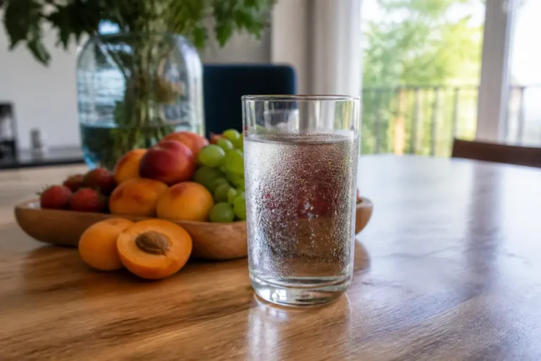 Verre d'eau fraîche avec condensation, plateau de fruits variés en arrière-plan sur une table en bois.
