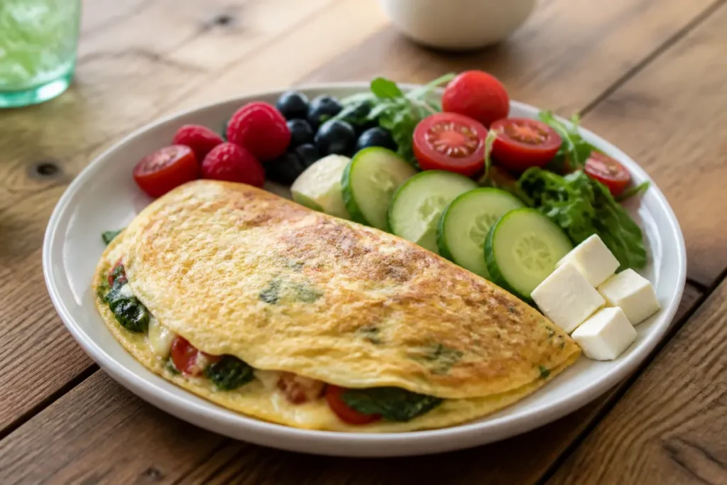 Omelette aux légumes avec fruits frais et salade sur une assiette blanche en bois.
