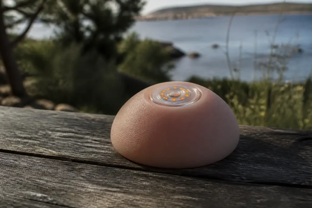 Petit dispositif lumineux circulaire posé sur table, avec paysage flou de lac et végétation en arrière-plan.