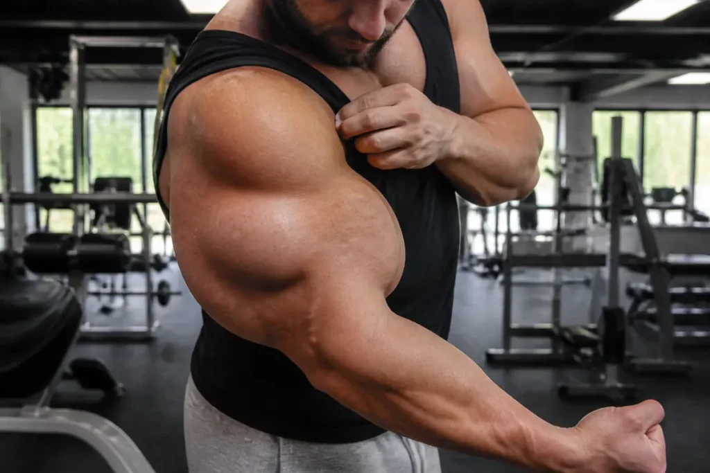 Un homme en débardeur noir exhibe ses muscles impressionnants dans une salle de sport moderne.