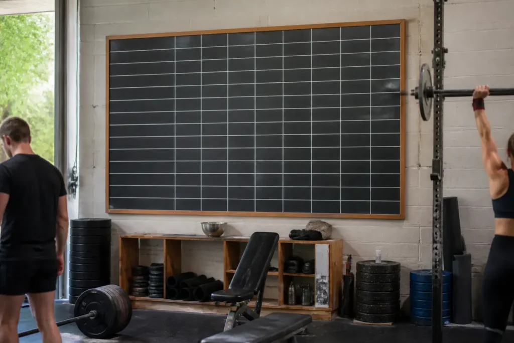 Salle de sport avec tableau noir, haltères, banc de musculation et personne soulevant une barre.