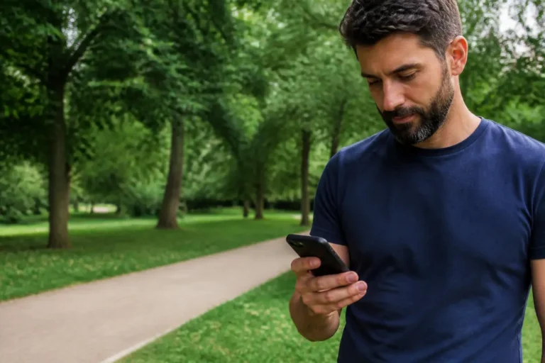 Homme barbu en t-shirt bleu vérifiant son téléphone dans un parc verdoyant avec allée pavée.