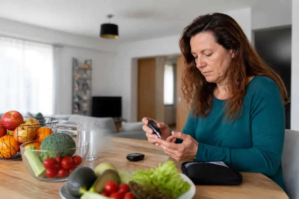 Femme mesurant sa glycémie avec un glucomètre, fruits et légumes en avant-plan.