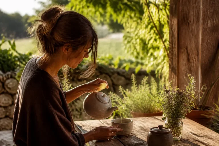 Une femme sert du thé sur une table en bois, entourée de verdure. Ambiance chaleureuse et naturelle.