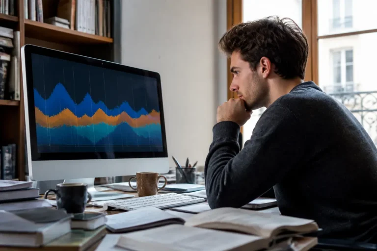 Un homme concentré regarde graphiques colorés sur un écran d'ordinateur, entouré de livres.