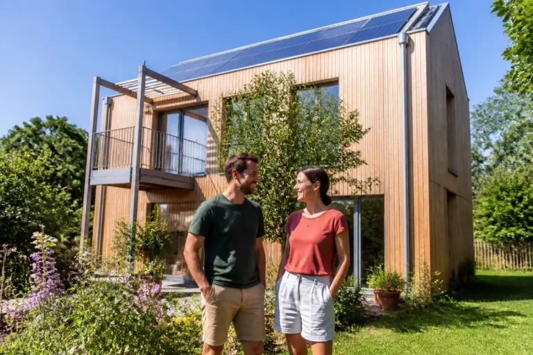 Couple souriant devant maison moderne en bois avec panneaux solaires, jardin fleuri, ciel bleu.