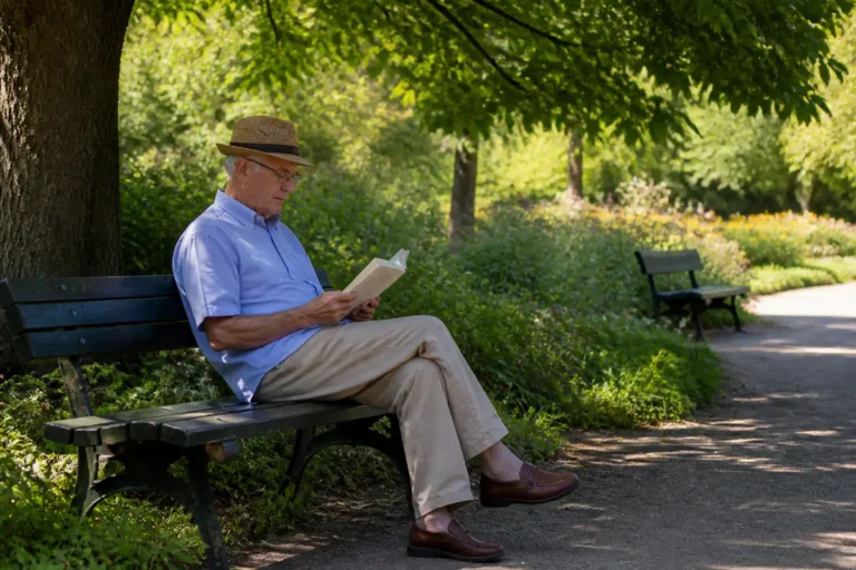 Homme âgé lisant un livre assis sur un banc dans un parc ensoleillé.