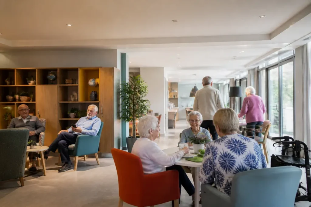 Résidents âgés discutant et se relaxant dans le salon lumineux d'une maison de retraite moderne.