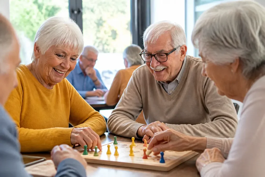 Quatre personnes âgées jouent à un jeu de société, souriantes et engagées, autour d'une table.