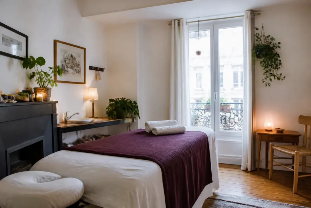 Salle de massage calme avec table, lumière douce, décoration végétale et fenêtre. Ambiance détente et bien-être.