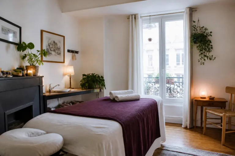 Salle de massage calme avec table, lumière douce, décoration végétale et fenêtre. Ambiance détente et bien-être.
