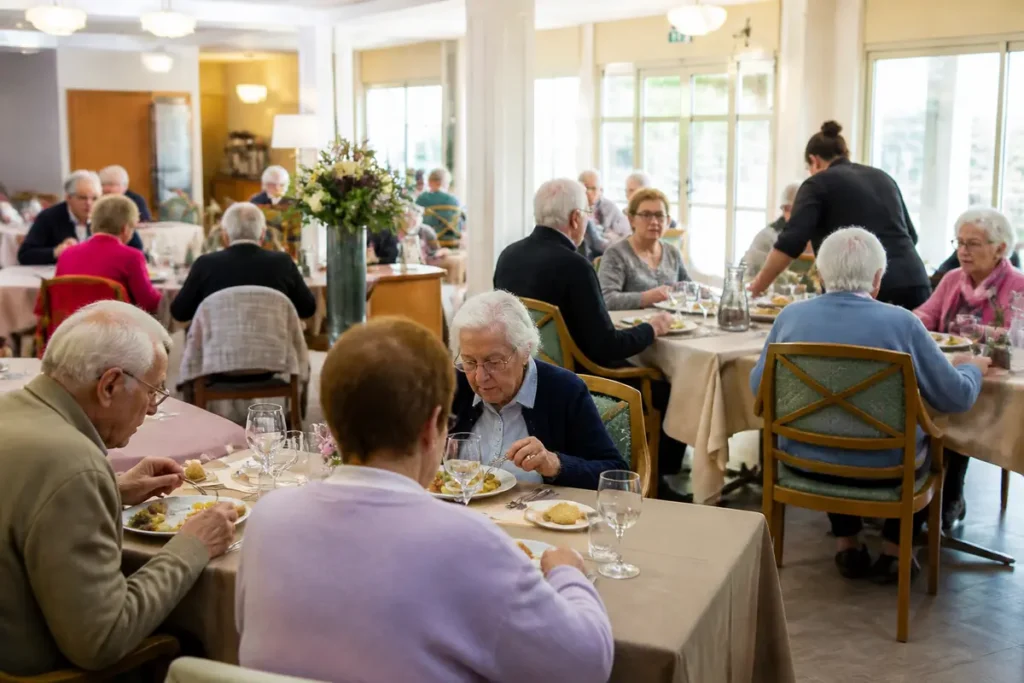 Personnes âgées déjeunant dans une salle de restauration d'une maison de retraite remplie de lumière naturelle.