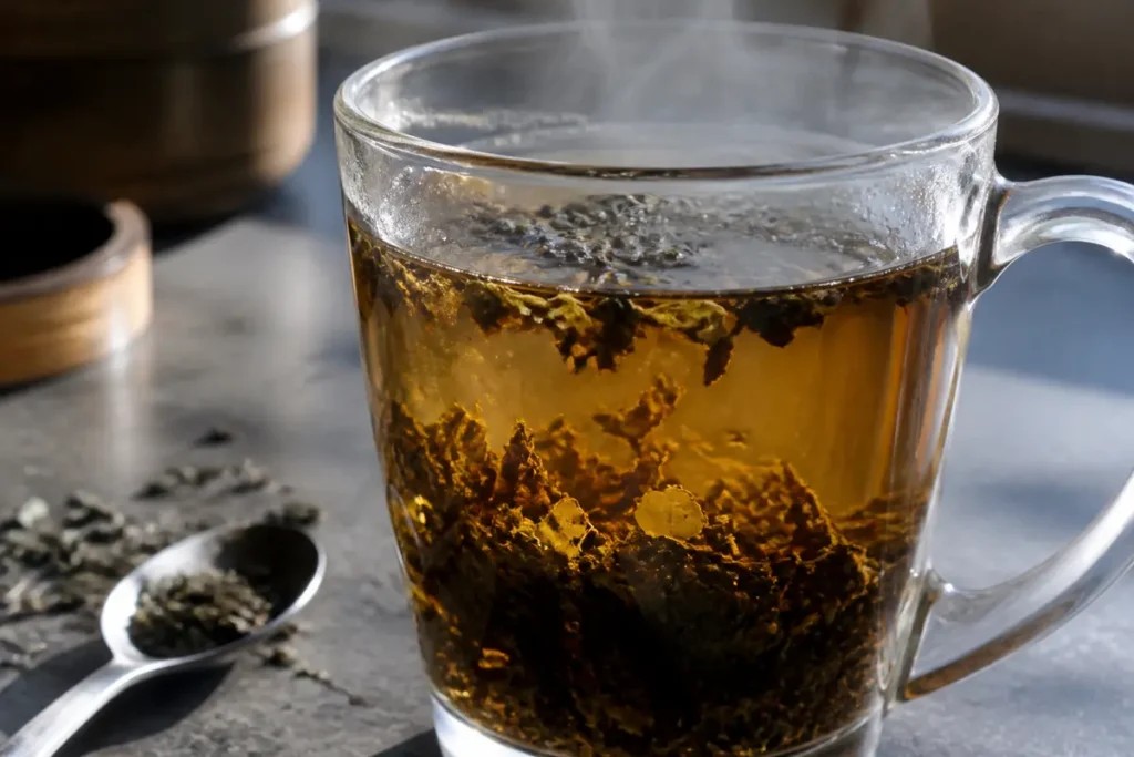 Tasse de thé chaud infusé avec des feuilles visibles, cuillère à côté sur table.