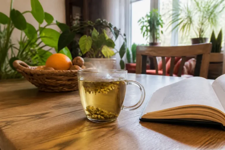 Tasse de thé fumant, livre ouvert, panier d'oranges, plantes vertes sur table en bois.