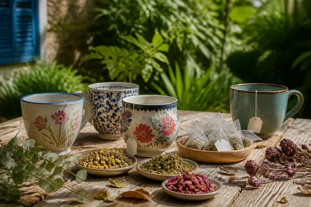Quatre tasses de thé fleuries avec infusions, herbes séchées, sur table bois, jardin verdoyant en arrière-plan.