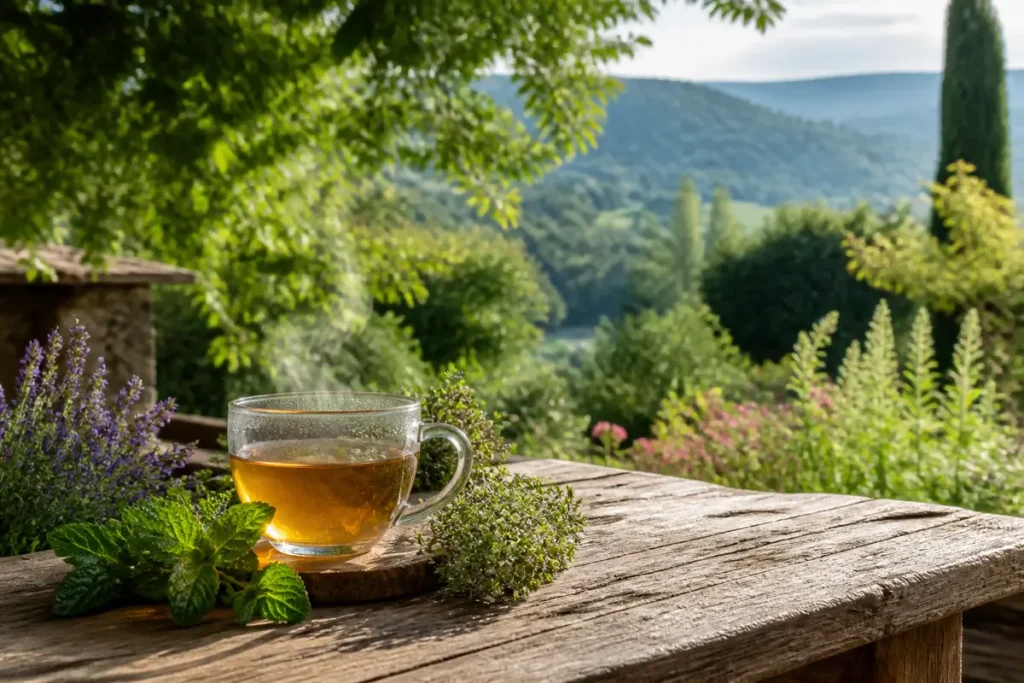 Tasse de tisane sur table en bois, vue paysage verdoyant, herbes aromatiques autour.