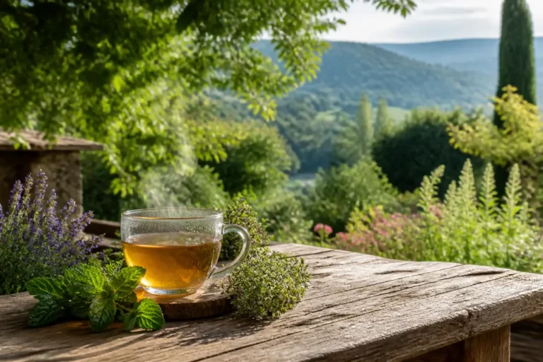 Tasse de tisane sur table en bois, vue paysage verdoyant, herbes aromatiques autour.