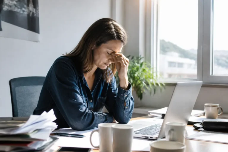 Une femme stressée travaille à domicile devant un ordinateur portable, tasses et documents sur le bureau.